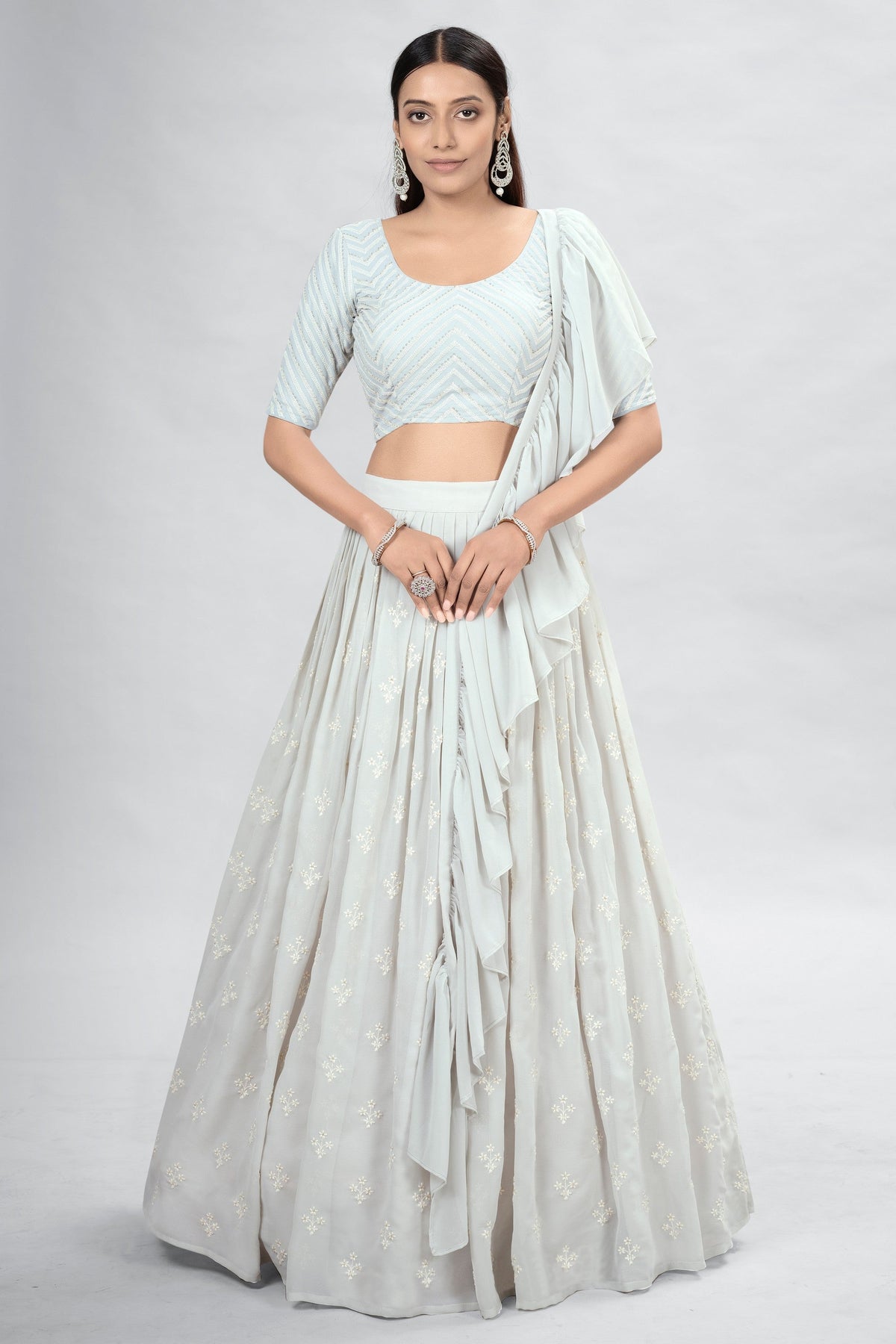 Off White Indian Georgette Lehenga Choli With Ruffle Dupatta For Indian Festival & Weddings - Sequence Embroidery Work, Clothsvilla Main image