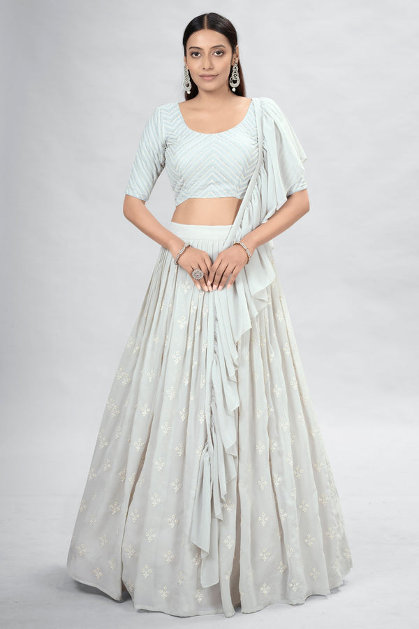 Off White Indian Georgette Lehenga Choli With Ruffle Dupatta For Indian Festival & Weddings - Sequence Embroidery Work, Clothsvilla