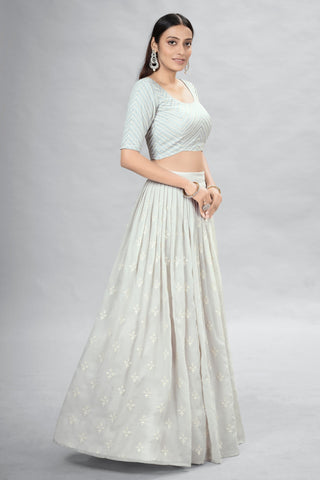 Off White Indian Georgette Lehenga Choli With Ruffle Dupatta For Indian Festival & Weddings - Sequence Embroidery Work, Clothsvilla
