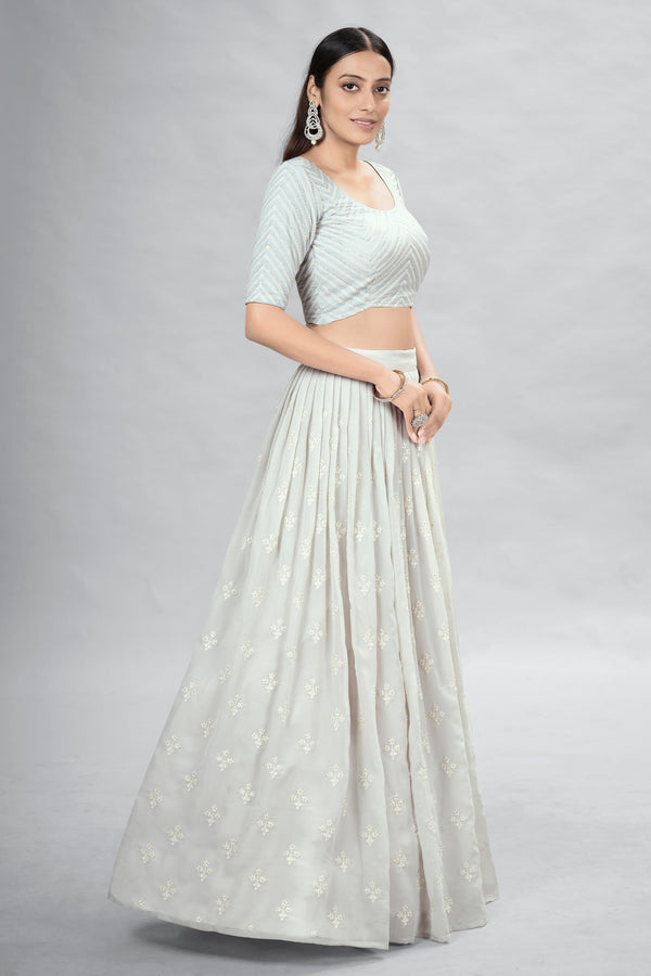 Off White Indian Georgette Lehenga Choli With Ruffle Dupatta For Indian Festival & Weddings - Sequence Embroidery Work, Clothsvilla
