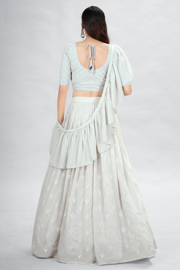 Off White Indian Georgette Lehenga Choli With Ruffle Dupatta For Indian Festival & Weddings - Sequence Embroidery Work, Clothsvilla