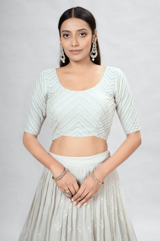 Off White Indian Georgette Lehenga Choli With Ruffle Dupatta For Indian Festival & Weddings - Sequence Embroidery Work, Clothsvilla