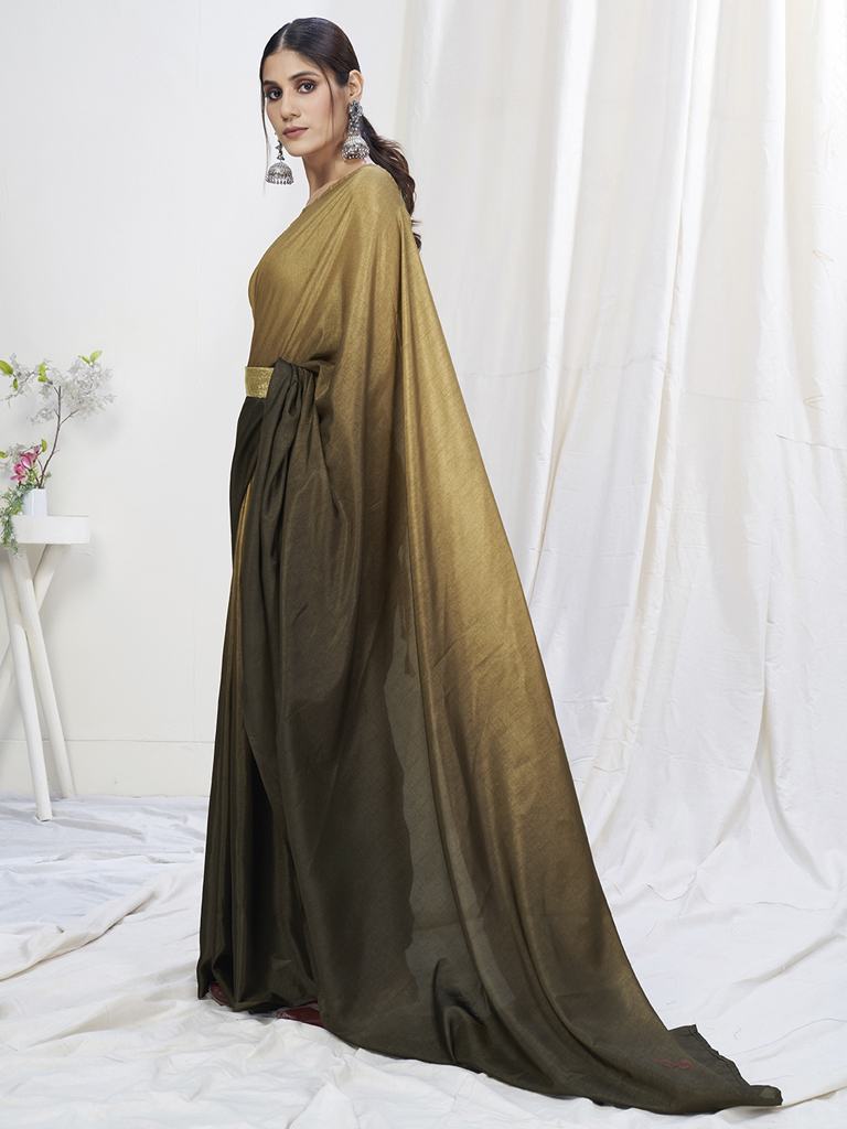Olive Green-Brown Ready to Wear One Minute Lycra Saree ClothsVilla