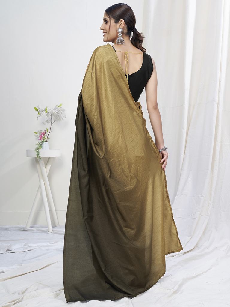 Olive Green-Brown Ready to Wear One Minute Lycra Saree ClothsVilla