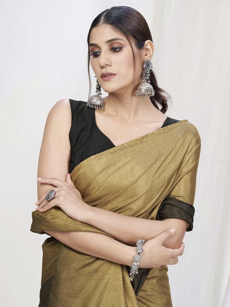 Olive Green-Brown Ready to Wear One Minute Lycra Saree ClothsVilla