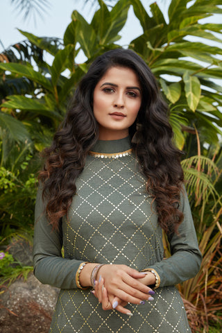 Olive Green Mukaish Worked Cotton Readymade Kurti ClothsVilla