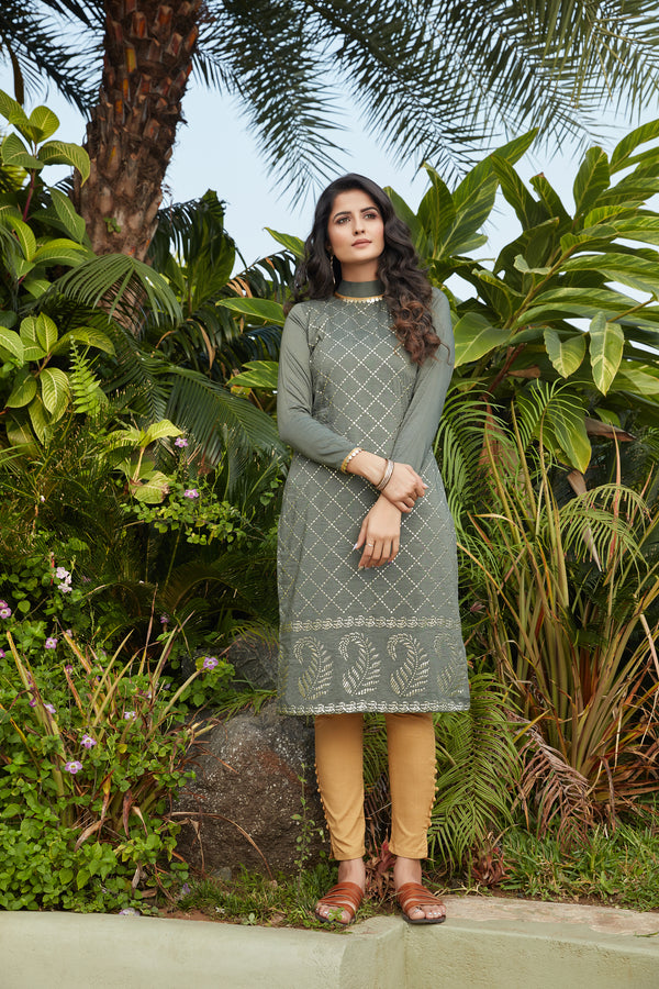 Olive Green Mukaish Worked Cotton Readymade Kurti ClothsVilla
