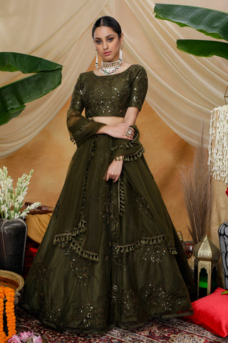 Olive Green Thread With Sequence Embroidered Net Semi-Stitched Lehenga ClothsVilla