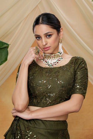 Olive Green Thread With Sequence Embroidered Net Semi-Stitched Lehenga ClothsVilla