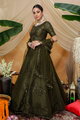 Olive Green Thread With Sequence Embroidered Net Semi-Stitched Lehenga ClothsVilla