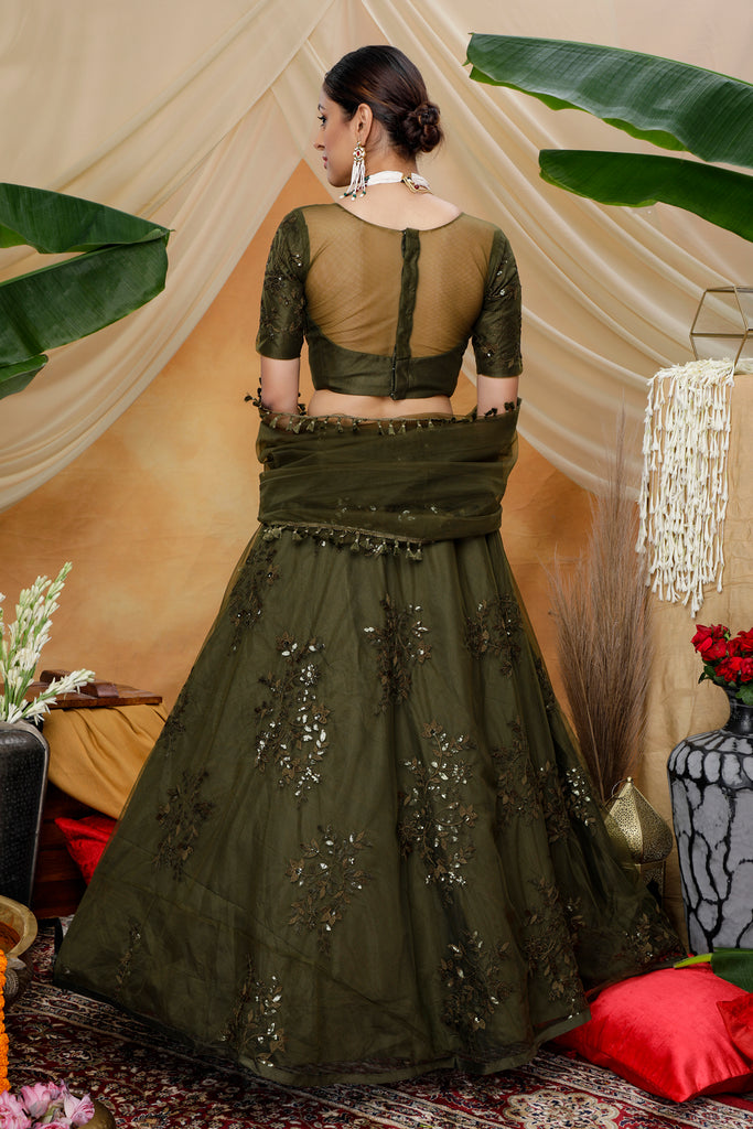 Olive Green Thread With Sequence Embroidered Net Semi-Stitched Lehenga ClothsVilla
