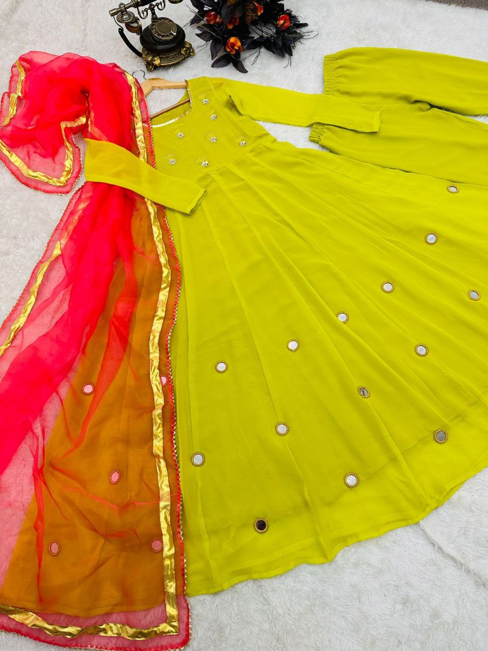 Olive Yellow Anarkali Gown Set in Faux Georgette with Dupatta Clothsvilla