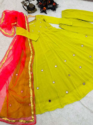 Olive Yellow Anarkali Gown Set in Faux Georgette with Dupatta Clothsvilla