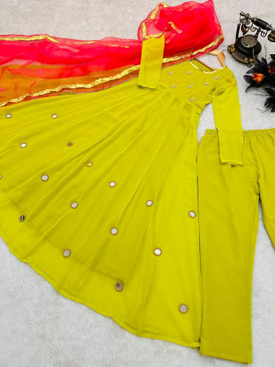 Olive Yellow Anarkali Gown Set in Faux Georgette with Dupatta Clothsvilla