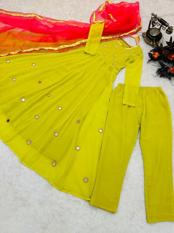 Olive Yellow Anarkali Gown Set in Faux Georgette with Dupatta Clothsvilla