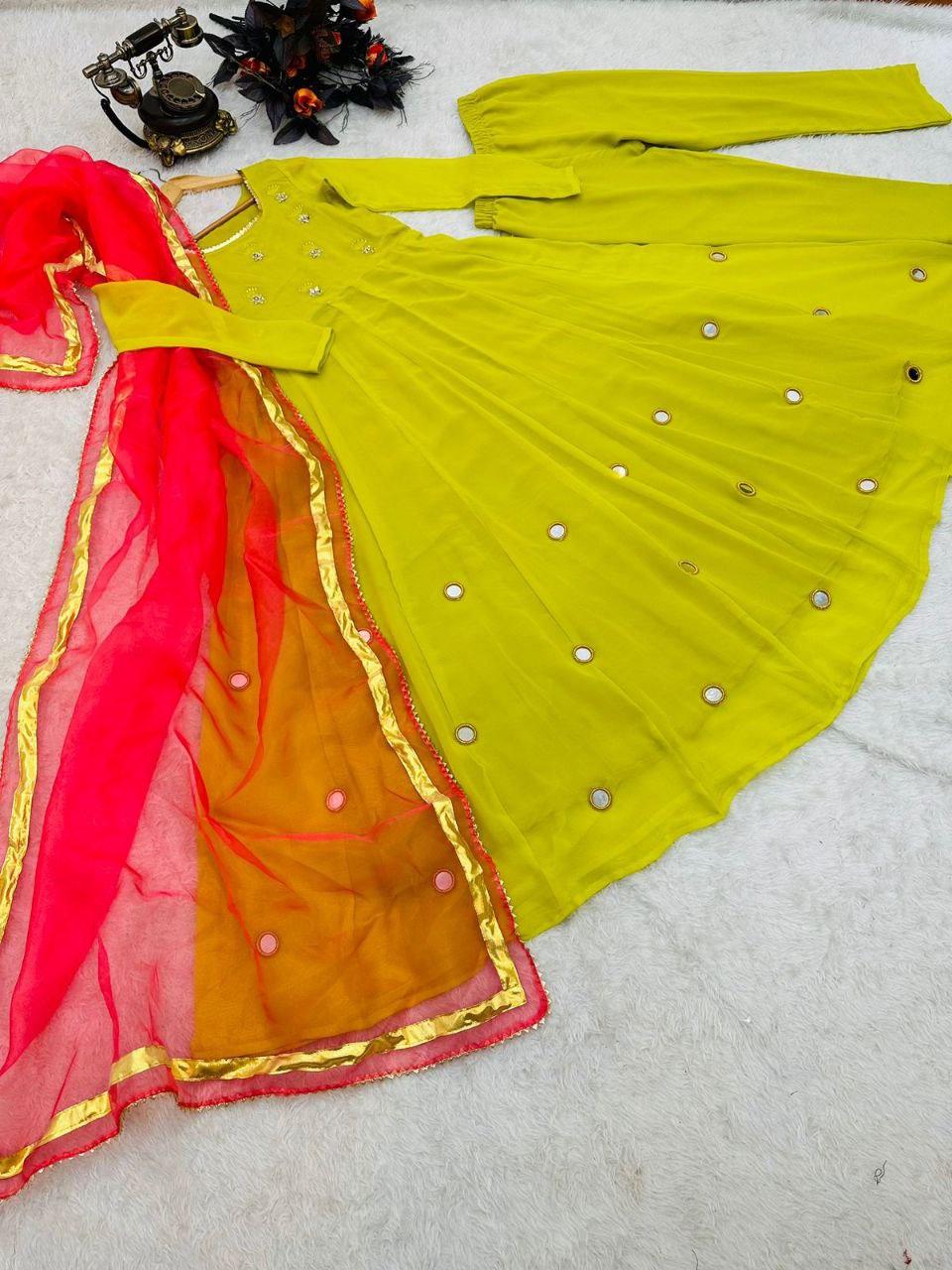 Olive Yellow Anarkali Gown Set in Faux Georgette with Dupatta Clothsvilla