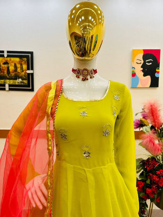 Olive Yellow Anarkali Gown Set in Faux Georgette with Dupatta Clothsvilla