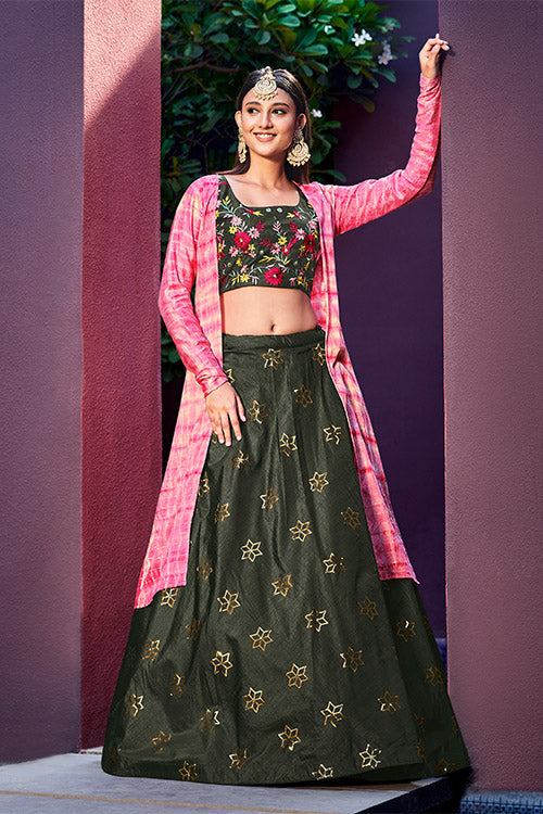 Olive Green Art Silk Sequence Embroidered Work Lehenga Choli ClothsVilla.com