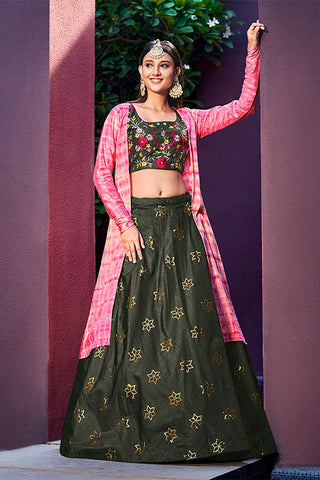 Olive Green Art Silk Sequence Embroidered Work Lehenga Choli ClothsVilla.com