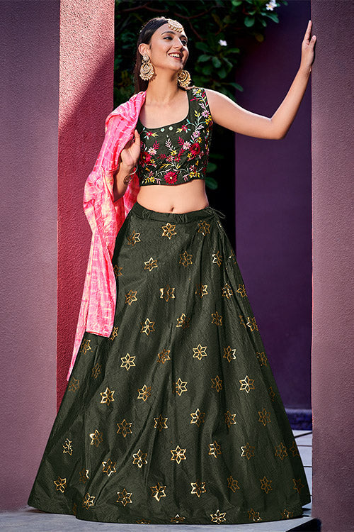 Olive Green Art Silk Sequence Embroidered Work Lehenga Choli ClothsVilla.com