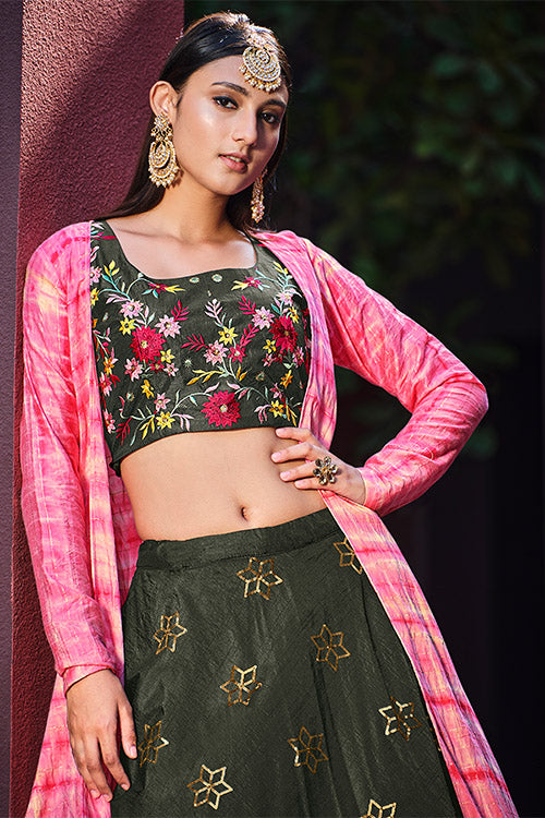 Olive Green Art Silk Sequence Embroidered Work Lehenga Choli ClothsVilla.com