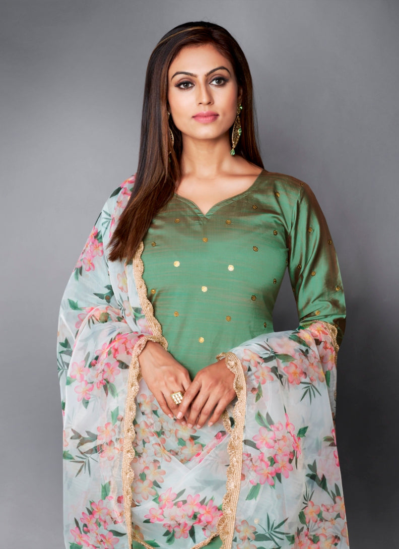 Olive
 Green Indian Art Silk Dress For Pakistani Festival & Weddings - Print Work, Sequence Embroidery Work, Clothsvilla