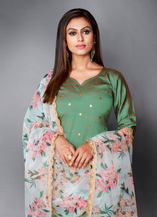 Olive
 Green Indian Art Silk Dress For Pakistani Festival & Weddings - Print Work, Sequence Embroidery Work, Clothsvilla