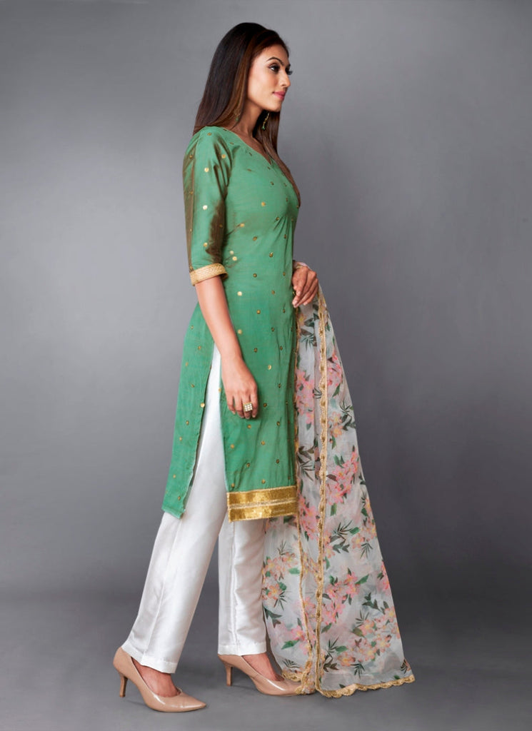 Olive
 Green Indian Art Silk Dress For Pakistani Festival & Weddings - Print Work, Sequence Embroidery Work, Clothsvilla