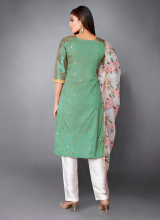 Olive
 Green Indian Art Silk Dress For Pakistani Festival & Weddings - Print Work, Sequence Embroidery Work, Clothsvilla