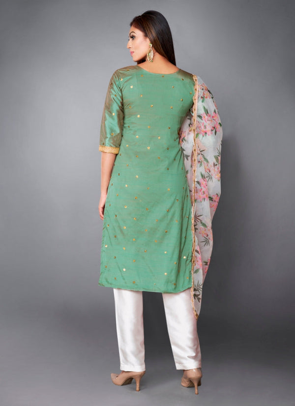 Olive
 Green Indian Art Silk Dress For Pakistani Festival & Weddings - Print Work, Sequence Embroidery Work, Clothsvilla