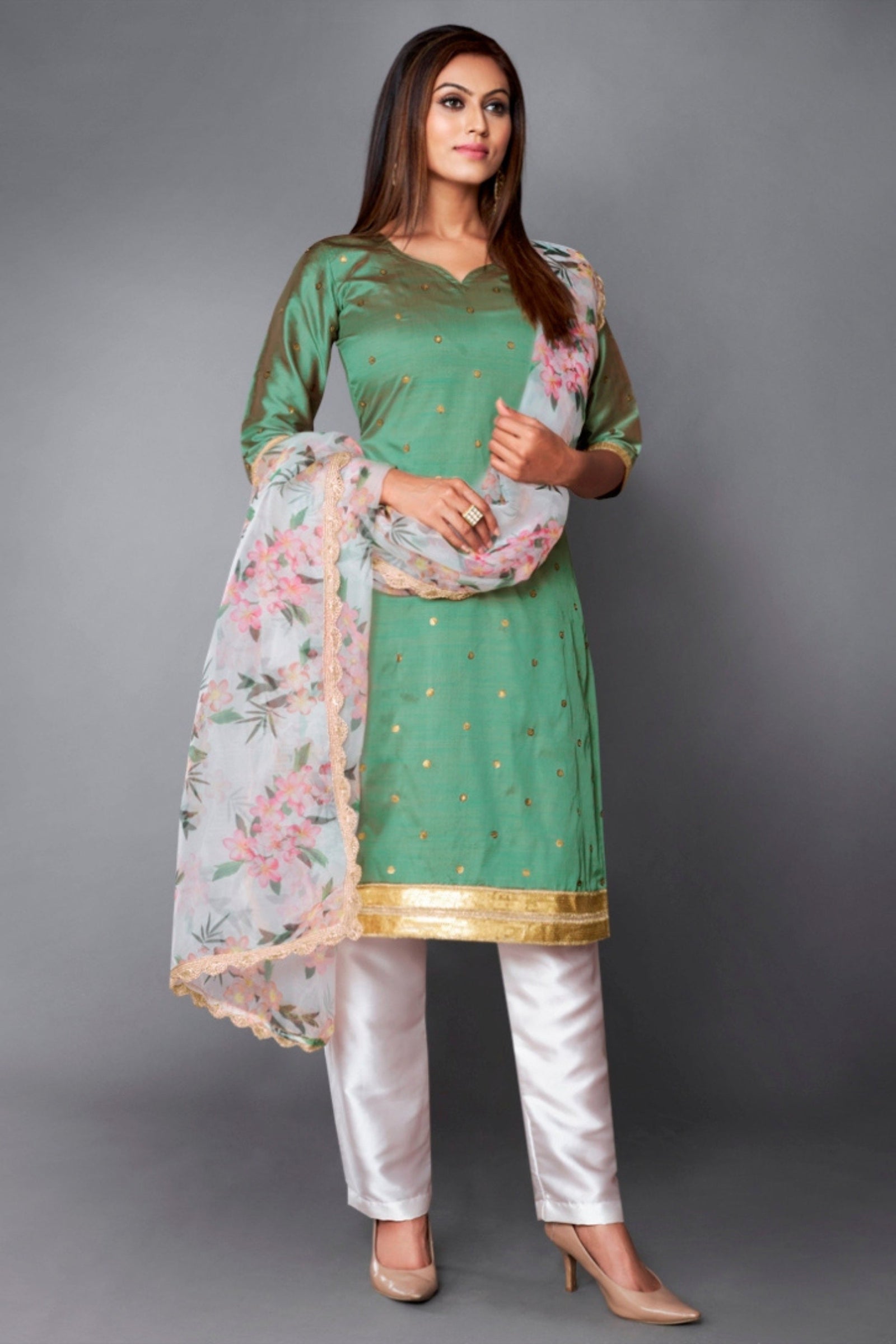 Olive
 Green Indian Art Silk Dress For Pakistani Festival & Weddings - Print Work, Sequence Embroidery Work, Clothsvilla