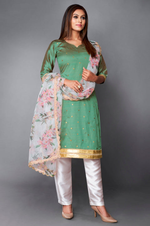 Olive
 Green Indian Art Silk Dress For Pakistani Festival & Weddings - Print Work, Sequence Embroidery Work, Clothsvilla Main image