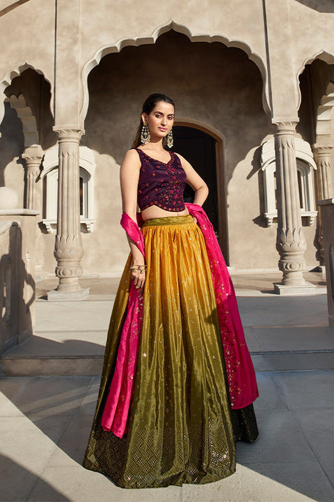 Olive Multi Color Georgette Embellished Mirror Work Lehenga Choli Collection ClothsVilla.com Main image