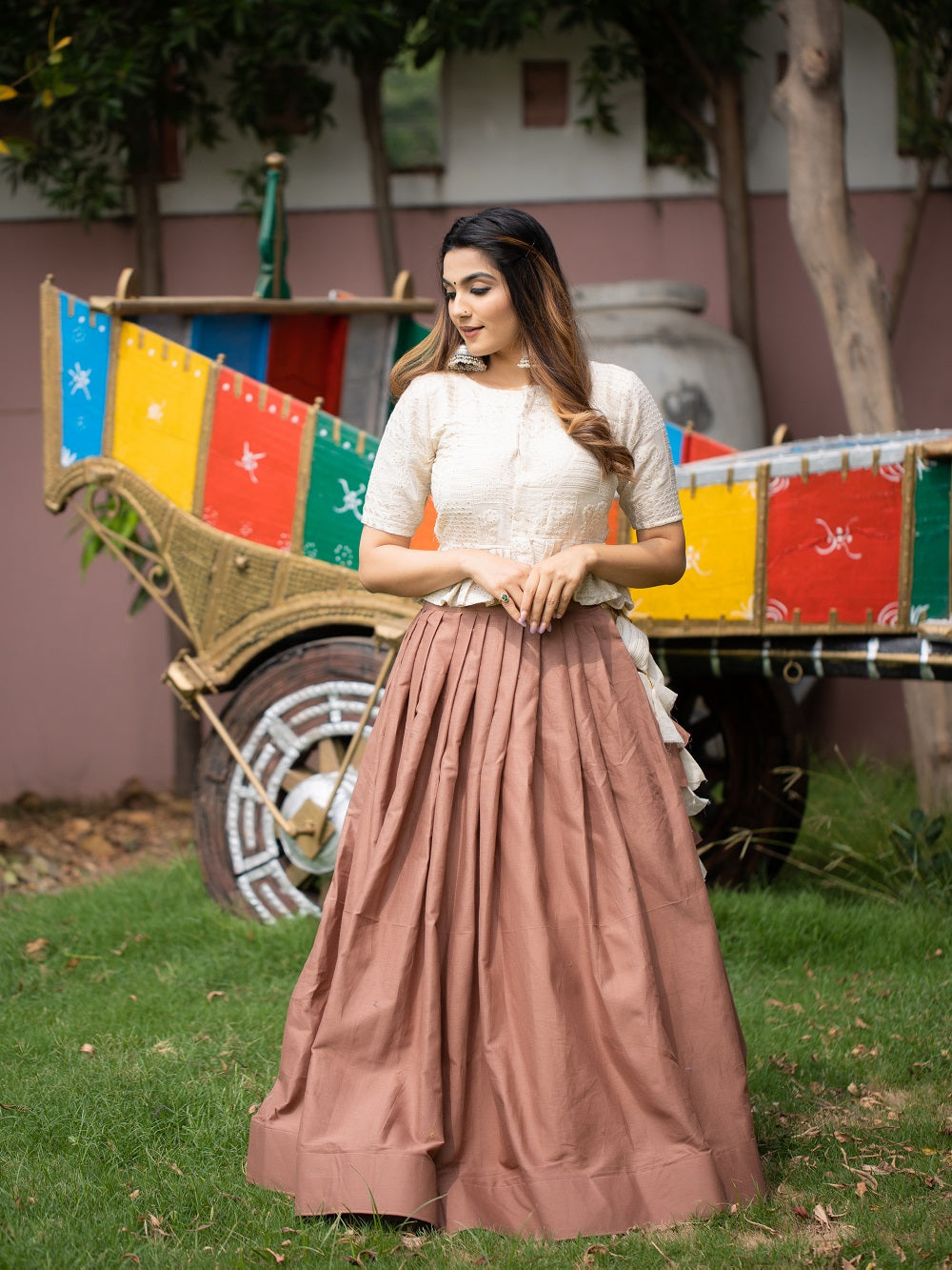 Onion Color Pure Cotton Two Piece Lehenga With Lucknowi Work Choli Clothsvilla