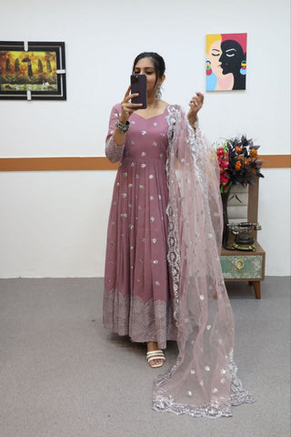 Onion Color Anarkali Gown in Faux Georgette With Sequence Embroidery Work ClothsVilla