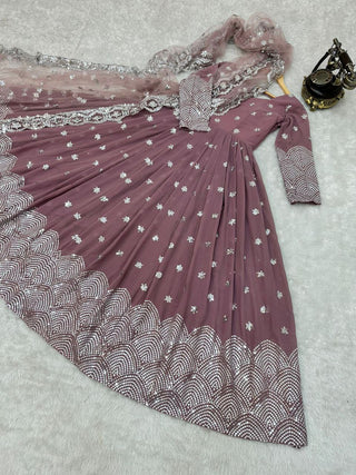 Onion Color Anarkali Gown in Faux Georgette With Sequence Embroidery Work ClothsVilla