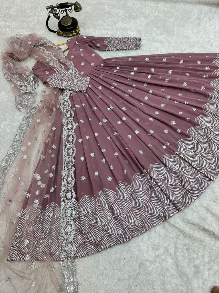 Onion Color Anarkali Gown in Faux Georgette With Sequence Embroidery Work ClothsVilla