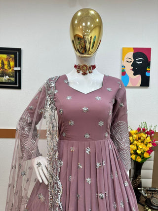 Onion Color Anarkali Gown in Faux Georgette With Sequence Embroidery Work ClothsVilla