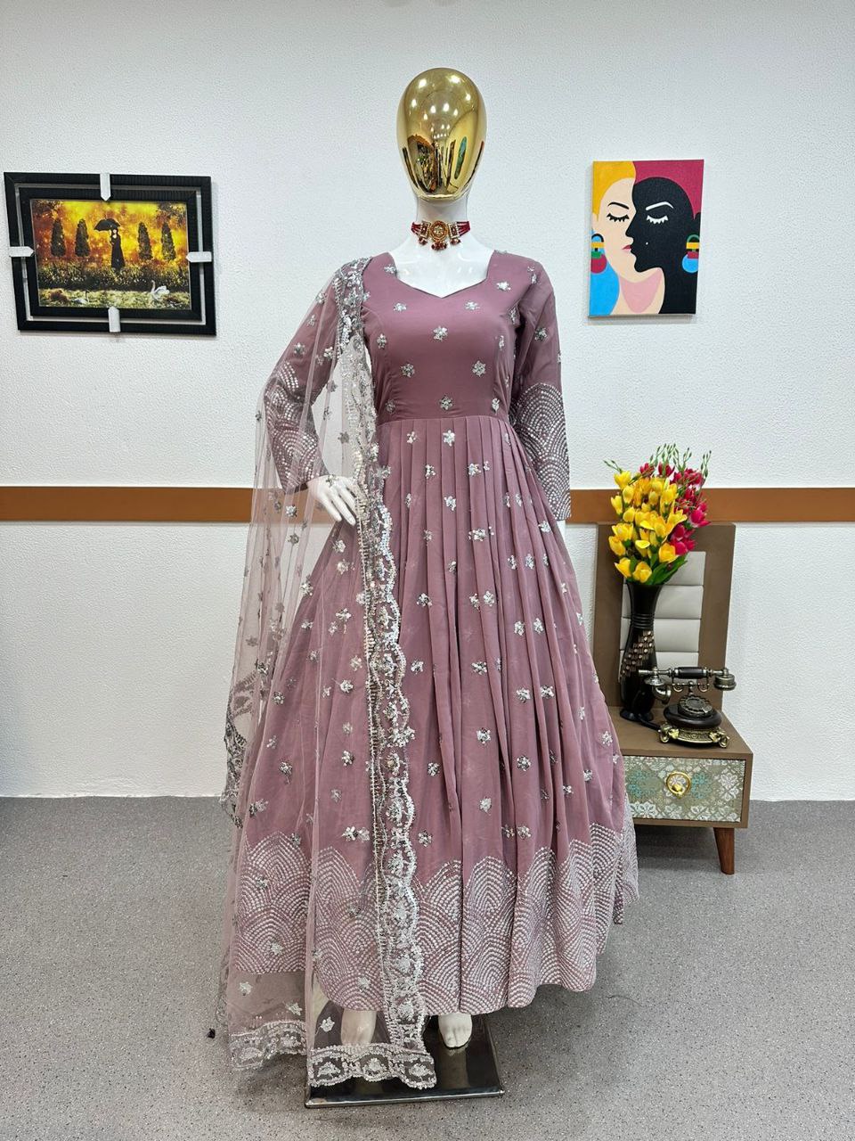 Onion Color Anarkali Gown in Faux Georgette With Sequence Embroidery Work ClothsVilla