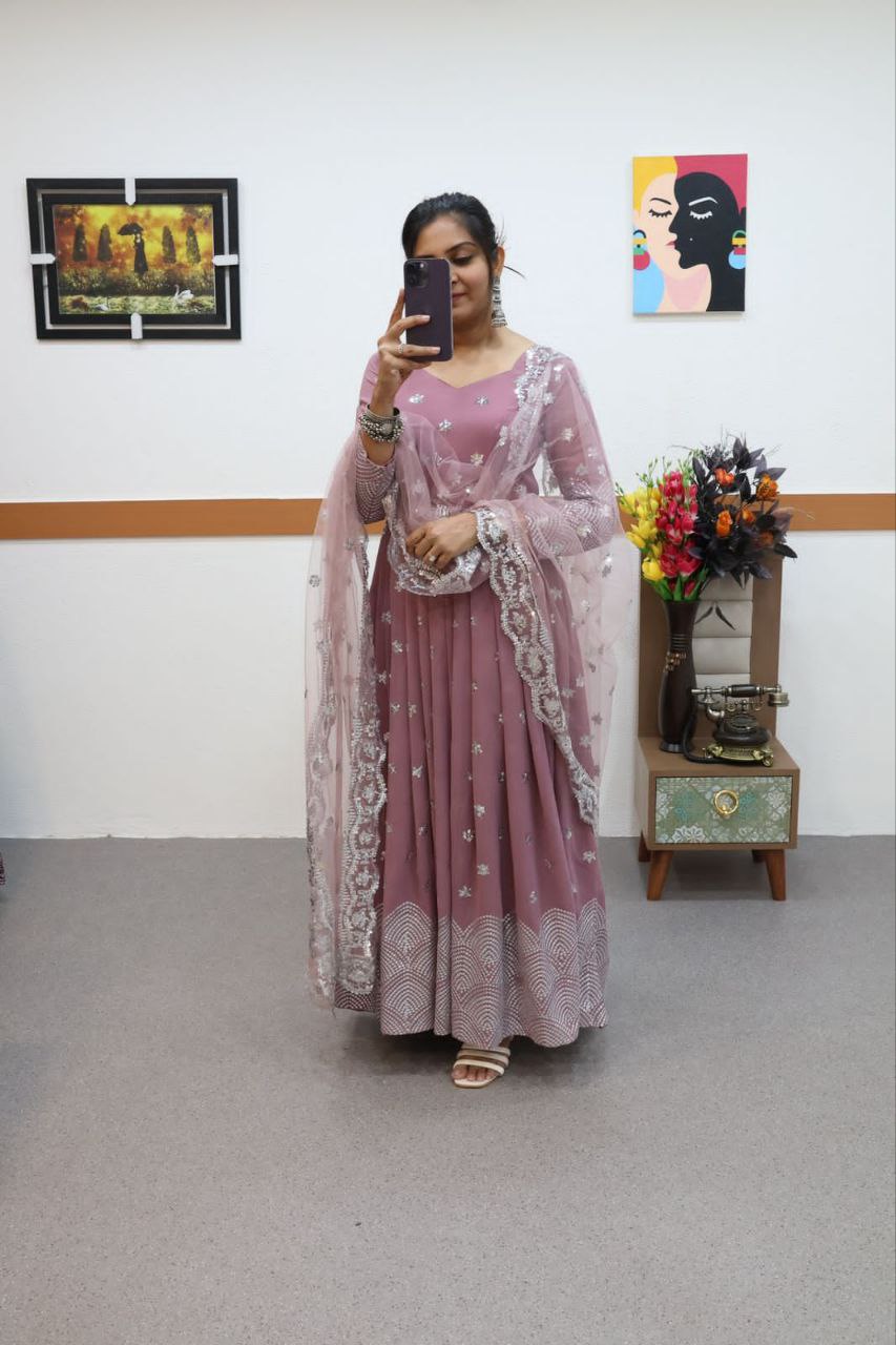 Onion Color Anarkali Gown in Faux Georgette With Sequence Embroidery Work ClothsVilla