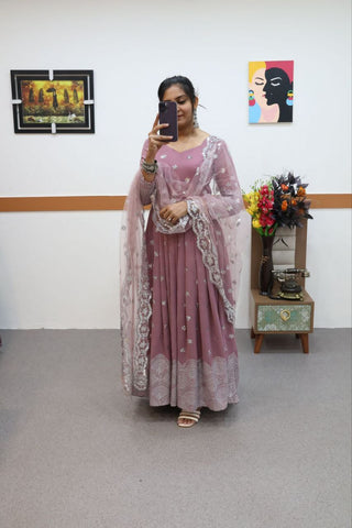 Onion Color Anarkali Gown in Faux Georgette With Sequence Embroidery Work ClothsVilla