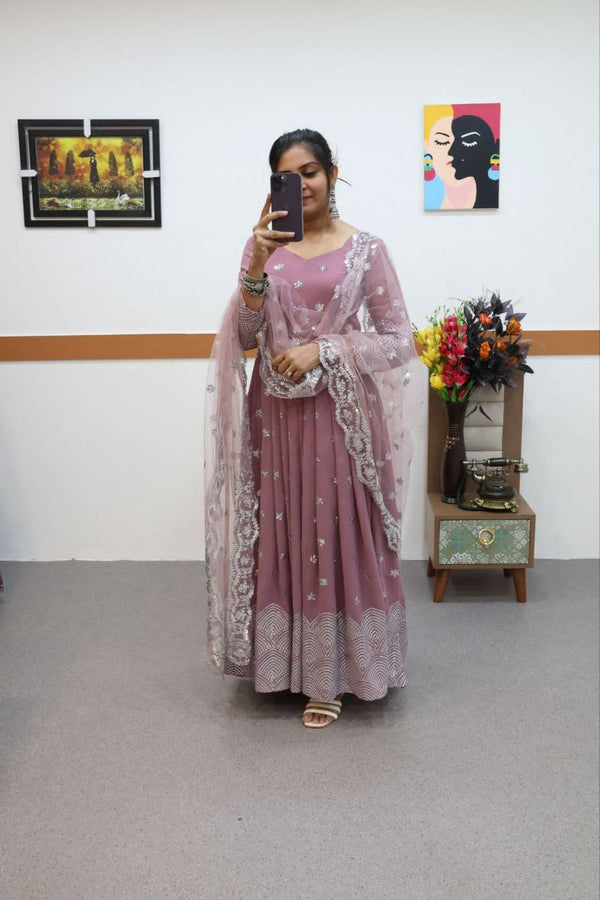 Onion Color Anarkali Gown in Faux Georgette With Sequence Embroidery Work ClothsVilla
