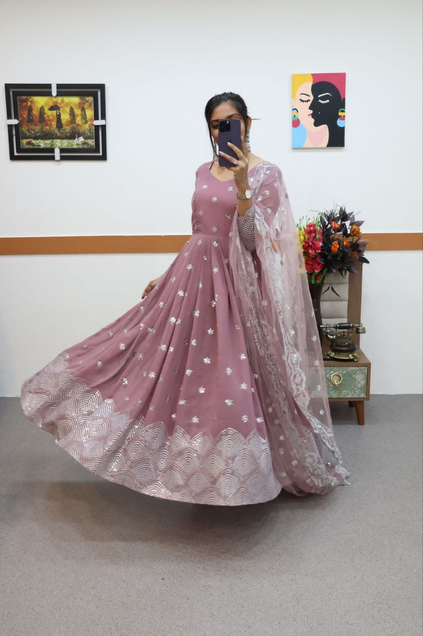 Onion Color Anarkali Gown in Faux Georgette With Sequence Embroidery Work ClothsVilla