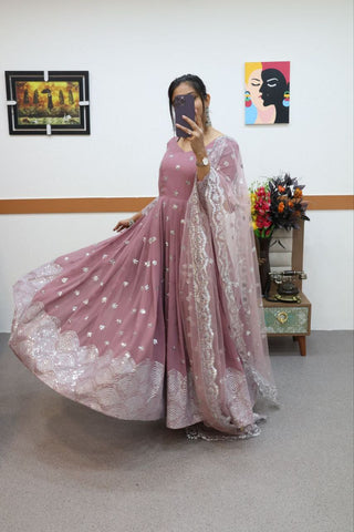Onion Color Anarkali Gown in Faux Georgette With Sequence Embroidery Work ClothsVilla