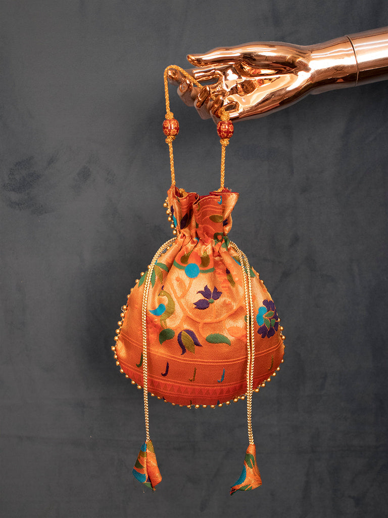 Orange Color Weaving Zari Work Jacquard Paithani Batwa Clothsvilla