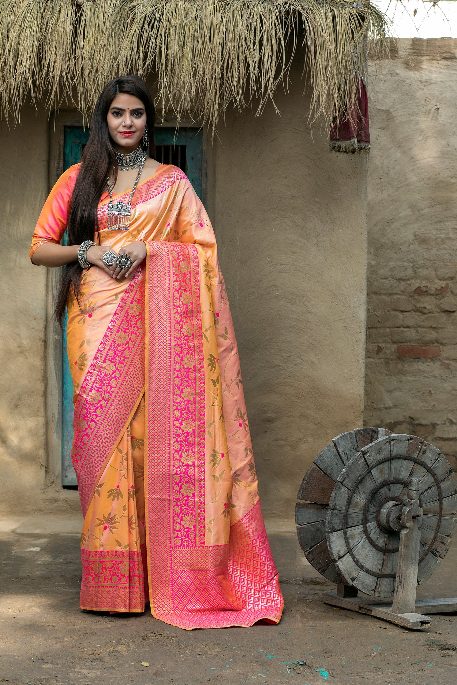Orange Art Banarasi Silk Saree With Blouse ClothsVilla