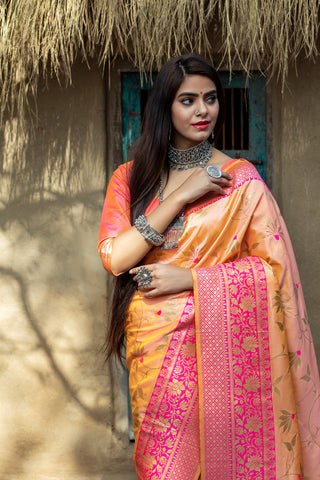 Orange Art Banarasi Silk Saree With Blouse ClothsVilla