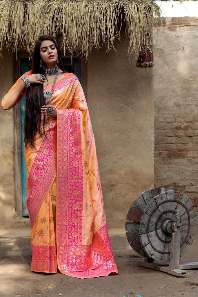 Orange Art Banarasi Silk Saree With Blouse ClothsVilla