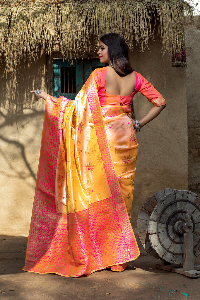Orange Art Banarasi Silk Saree With Blouse ClothsVilla