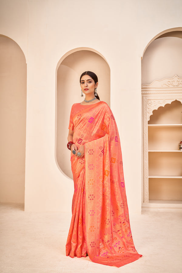 Orange Color Banarasi Silk Base Jewel Neck Blouse Embroidered Saree ClothsVilla